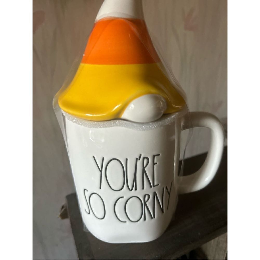 Rae Dunn Ceramic Halloween Mug with Decorative Lid, You're So Corny/White/Candy